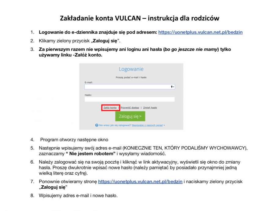 Zakładanie konta VULCAN - instrukcja dla rodziców